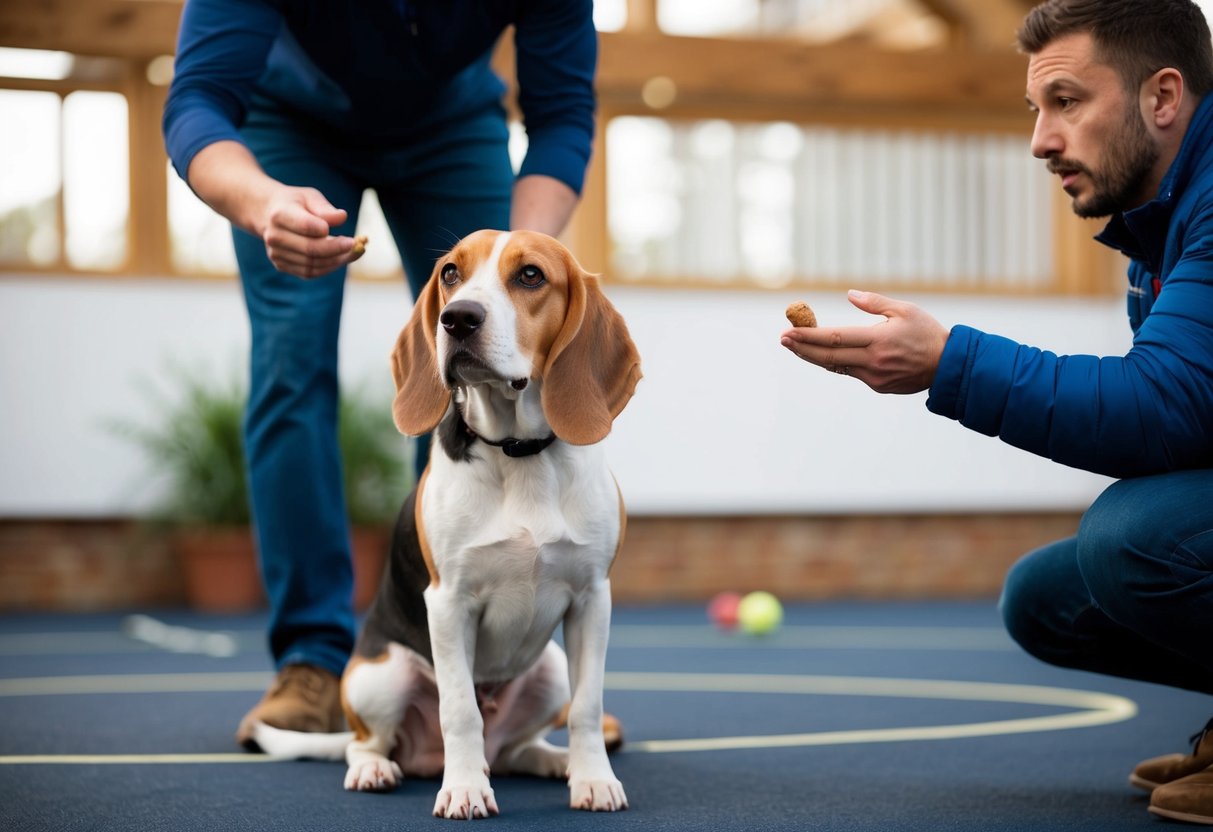 A beagle sits attentively in a training area, focused on its owner who holds a treat. The owner gestures a command as the beagle eagerly awaits instruction