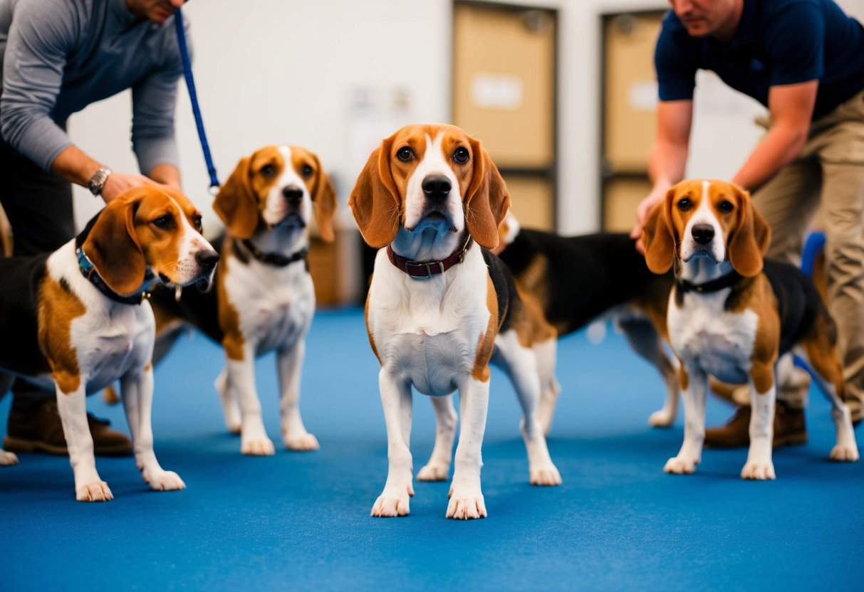 A beagle confidently following commands in a group training session, surrounded by other dogs and a trainer providing guidance