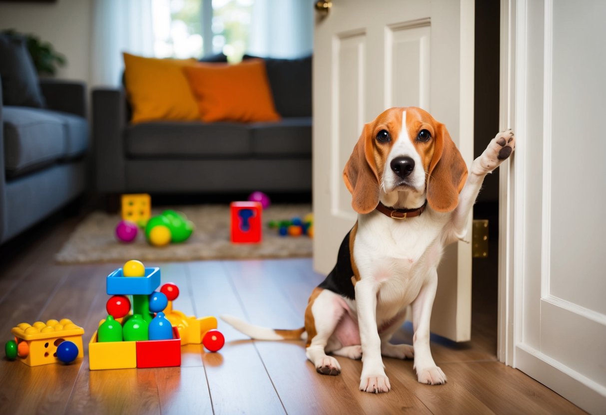 A beagle sits by the door, whining and pawing at it, as their owner leaves the house. The room is filled with toys and puzzles to keep the dog mentally and physically stimulated in their absence