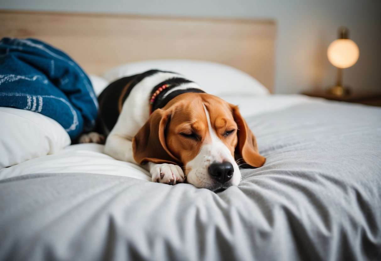 A beagle peacefully sleeping next to its owner in bed, both curled up and content