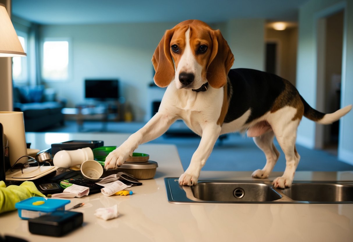 A beagle stands on its hind legs, pawing at a countertop, while scattered household items lay strewn about the room