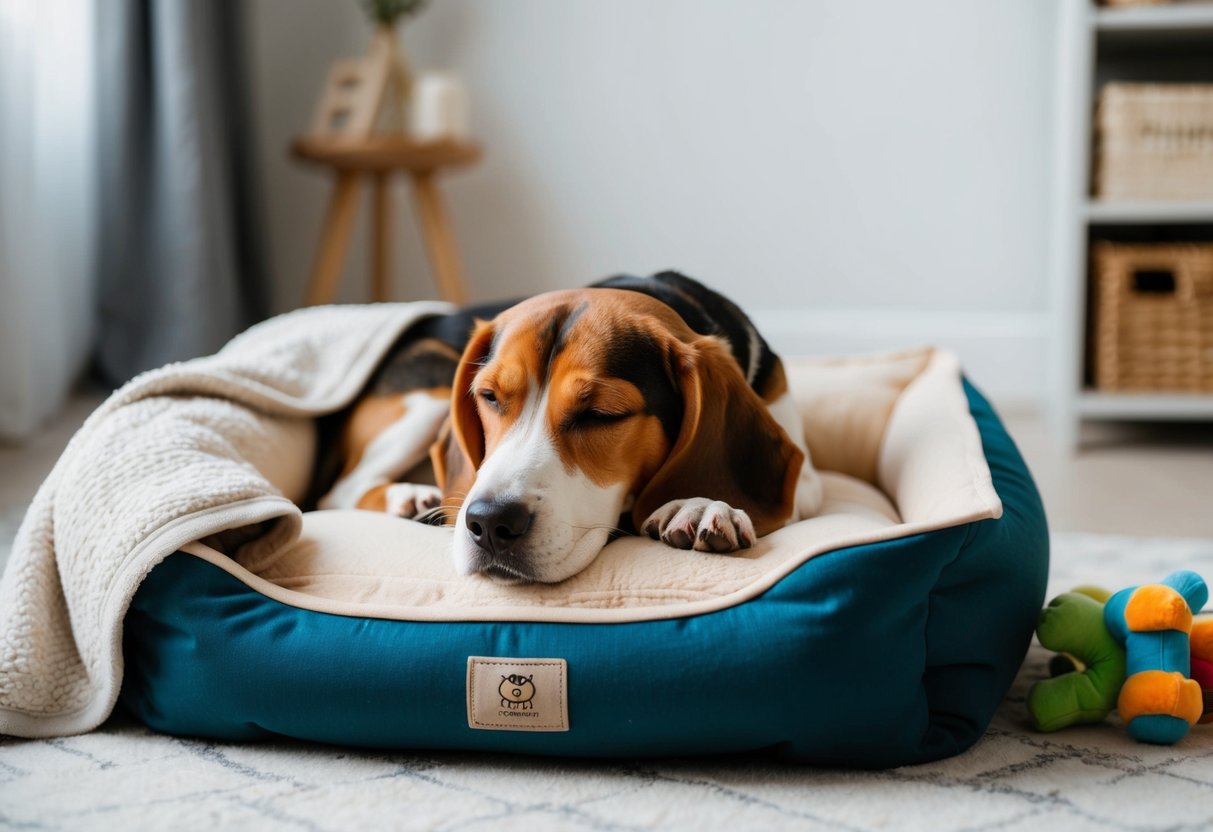 A beagle peacefully sleeping on a cozy dog bed, surrounded by calming toys and a soft blanket