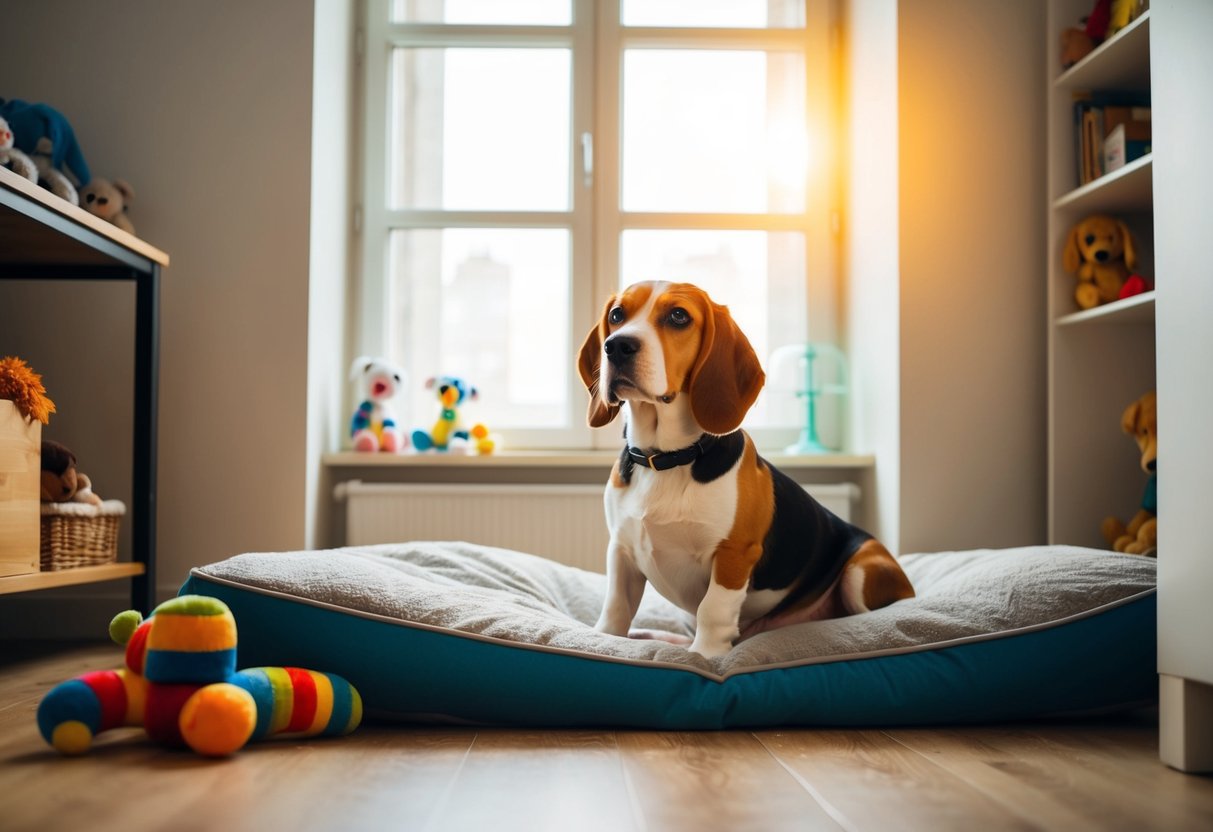 A beagle sits contentedly in a cozy flat, surrounded by toys and a comfortable bed, with sunlight streaming in through the window