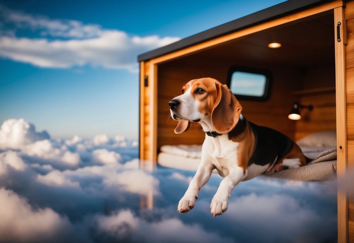A beagle floats in a cabin, ears flapping, surrounded by clouds