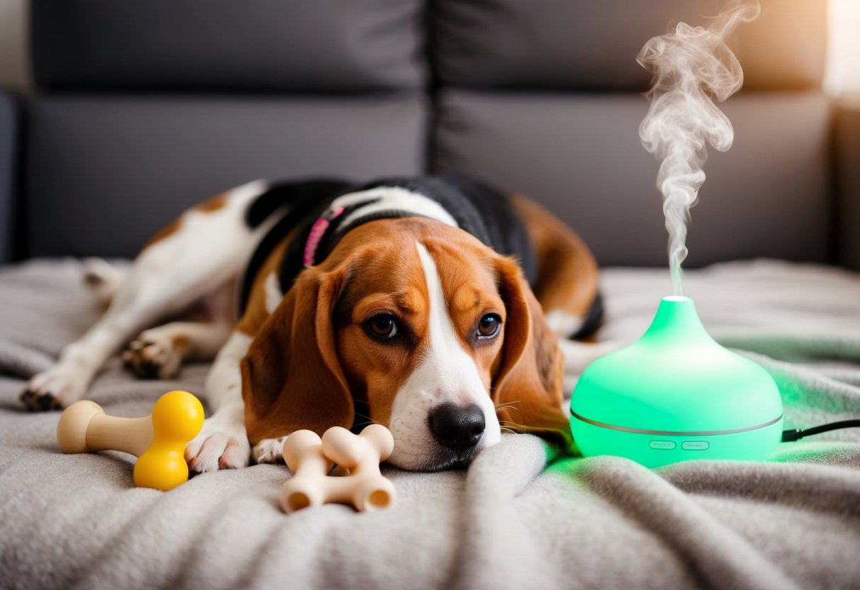 A beagle lying on a soft blanket, surrounded by chew toys and a comforting scent diffuser, with gentle music playing in the background
