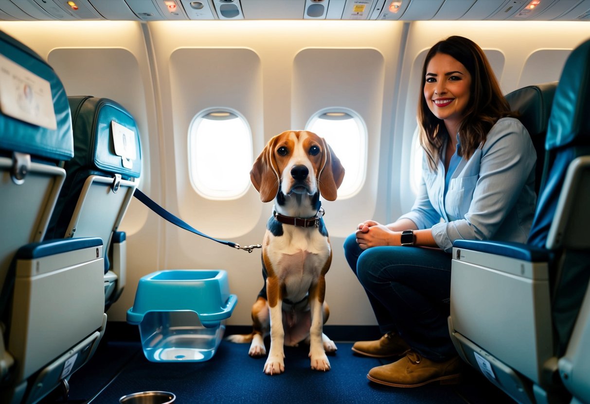 A beagle sits calmly in an airplane cabin, surrounded by a small carrier, leash, and water bowl. The owner smiles, showing the dog's approval