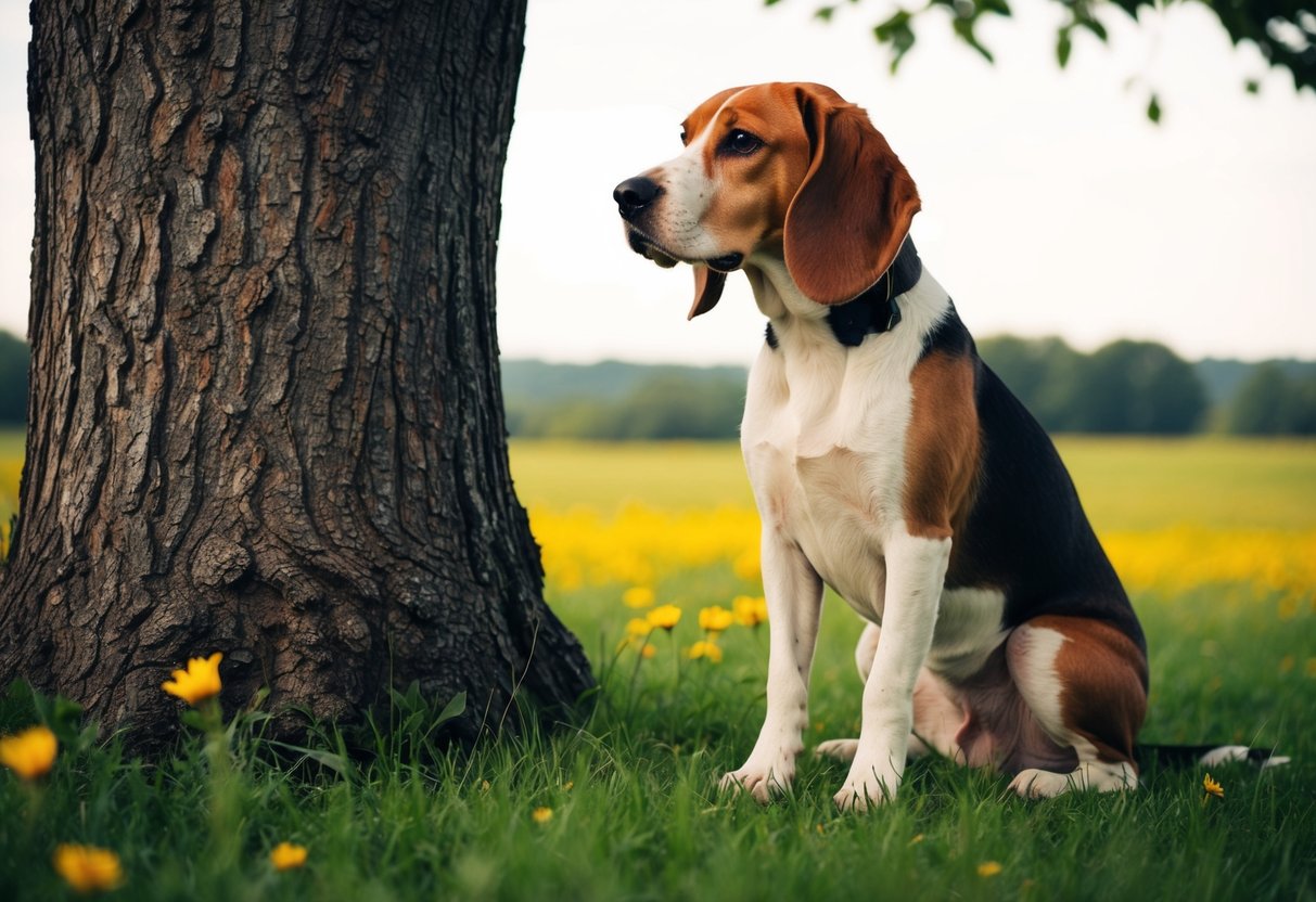 A beagle sits under a tree, gazing into the distance, surrounded by a peaceful meadow