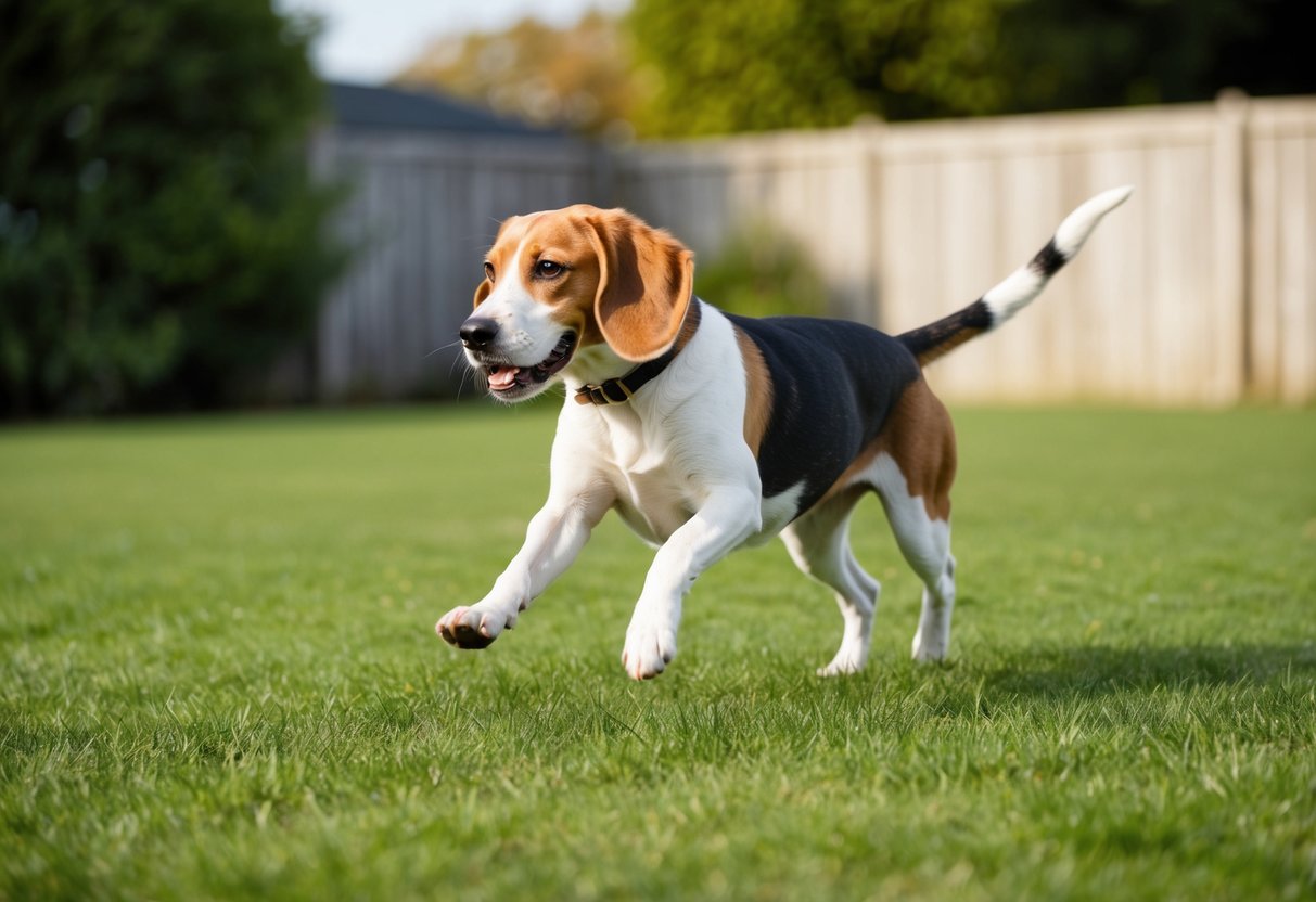 A beagle running freely in a spacious, fenced yard with room to play and explore
