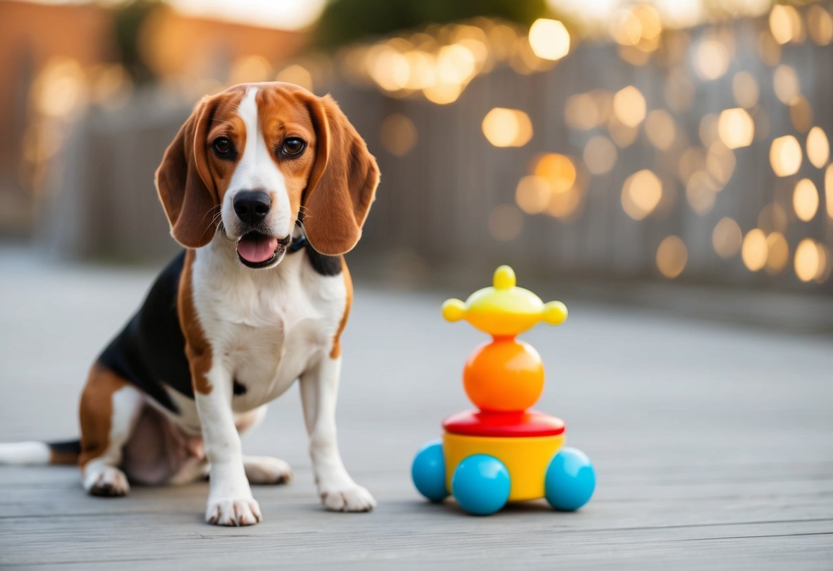 A beagle sitting calmly next to a child's toy, with a wagging tail and friendly expression