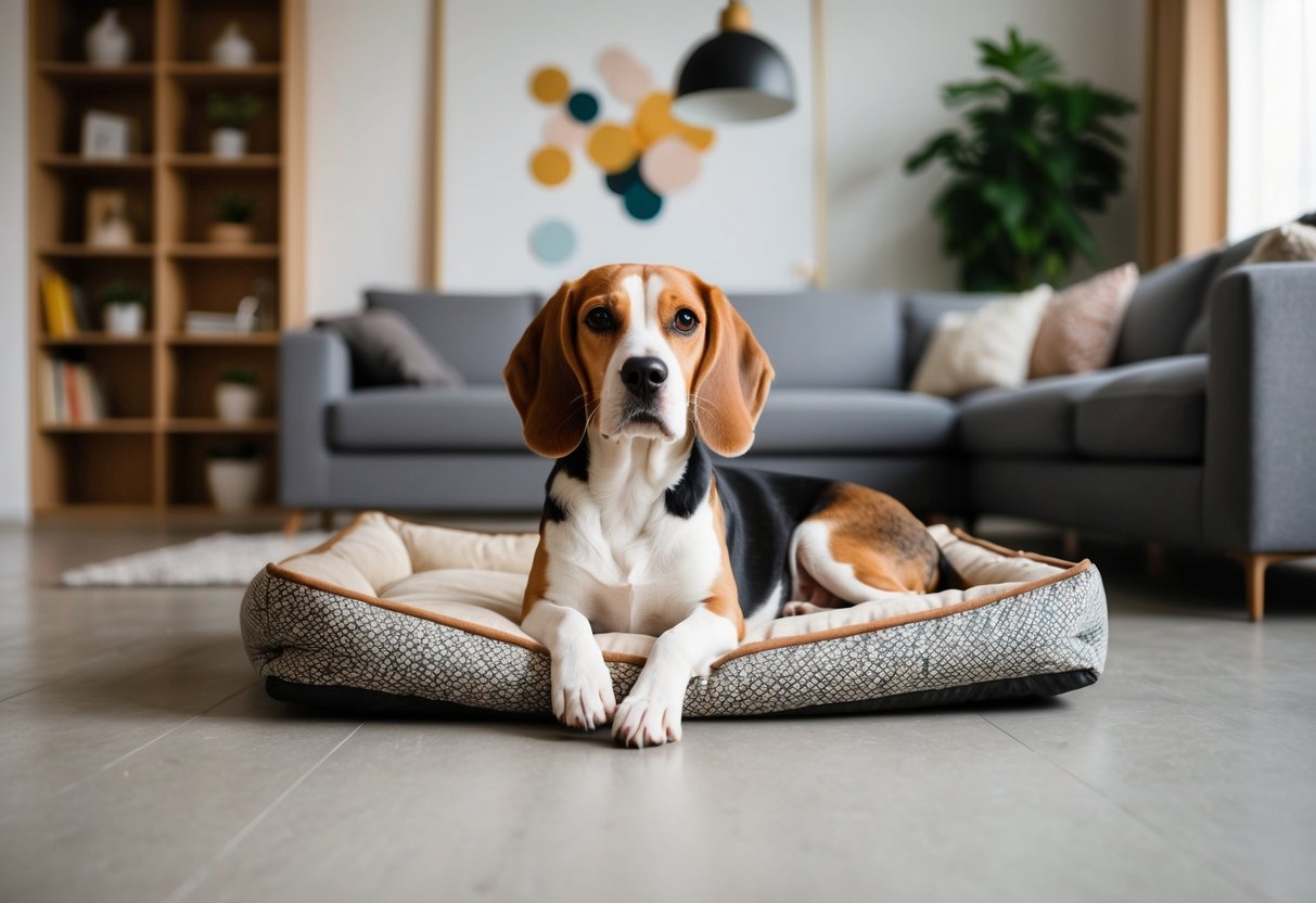 A beagle lounges comfortably in a spacious, well-organized living room with a cozy dog bed and plenty of open floor space for play