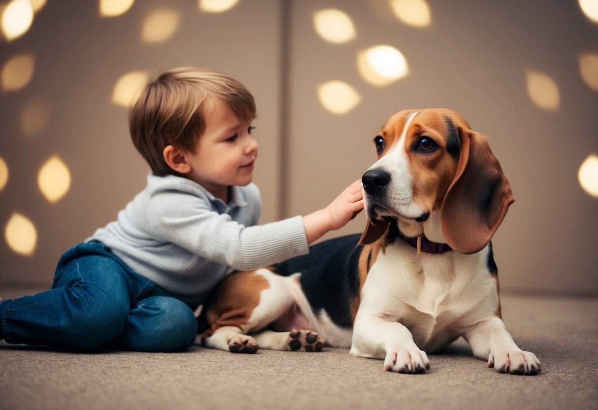 A Beagle lies calmly by a child's side, gazing up with a gentle expression. The child pets the dog's head, both appearing content and at ease