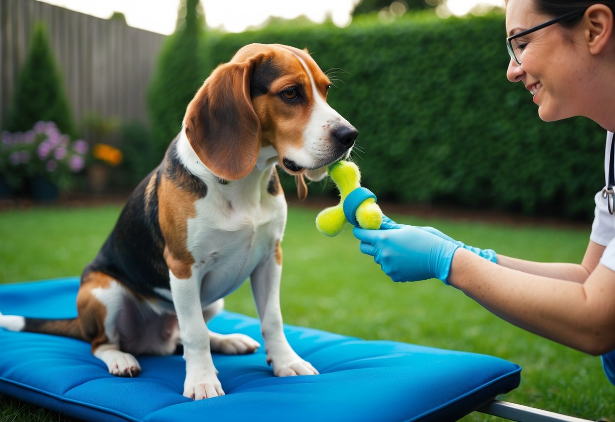 A beagle dog sitting in a well-maintained backyard, playing with a toy and being checked by a veterinarian for a health check-up