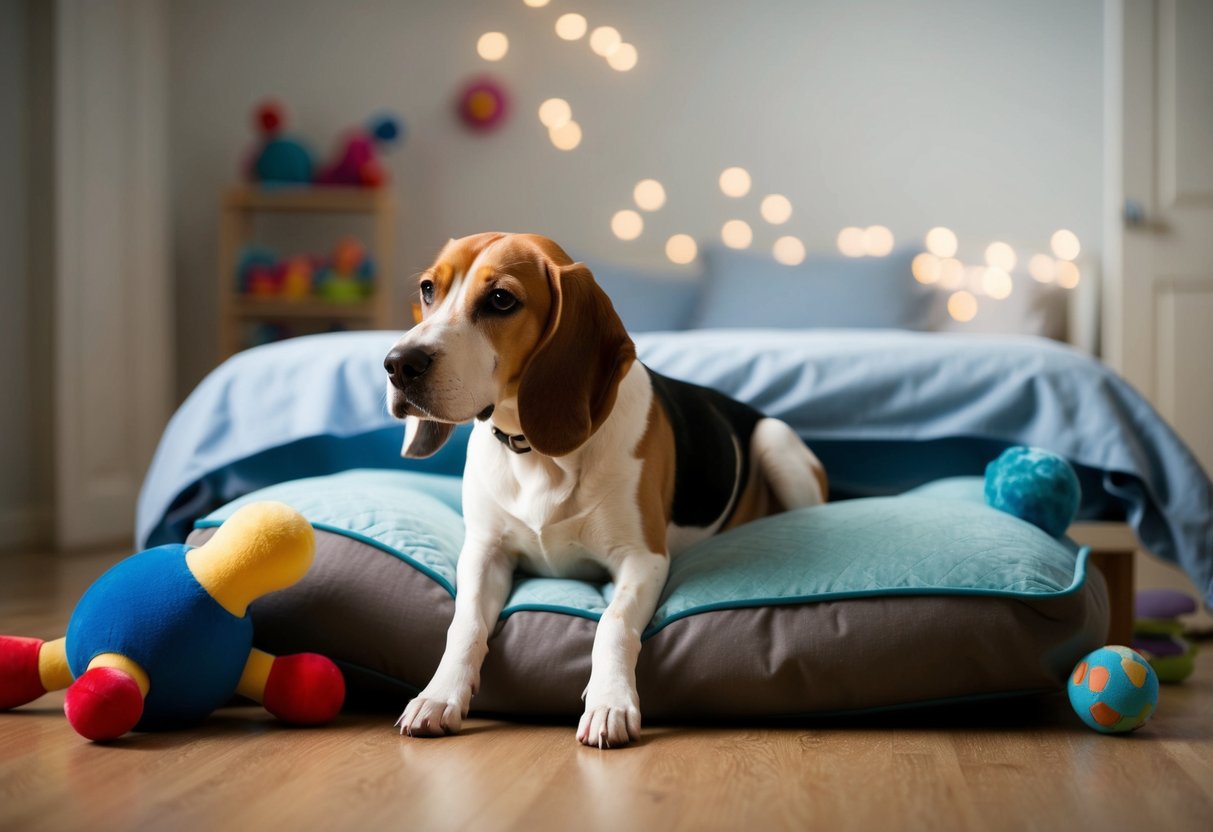 A beagle sits alone in a quiet room, surrounded by toys and a comfortable bed. Its ears are drooping, and its tail is tucked between its legs