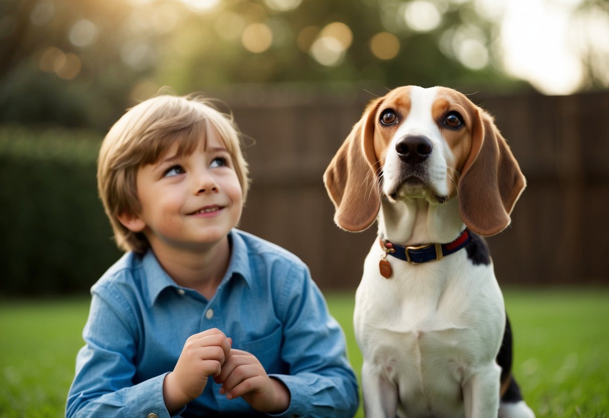 A beagle sits calmly beside a child, wagging its tail and looking up with a friendly expression