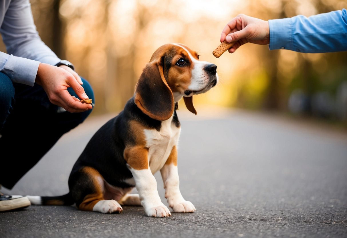 A beagle puppy sits attentively, ears perked, as a person holds a treat. The person's hand is outstretched, offering the treat to the puppy