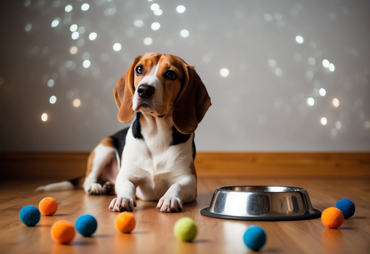 A beagle sits alone, whimpering with teary eyes, surrounded by scattered toys and an empty food bowl