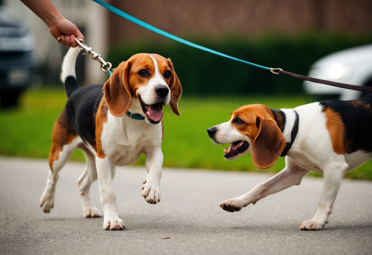A beagle barking and pulling on its leash, while another dog approaches, causing it to react defensively