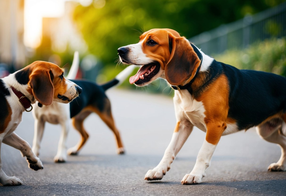 A beagle barking and lunging at other dogs on a walk, with a tense body and raised hackles