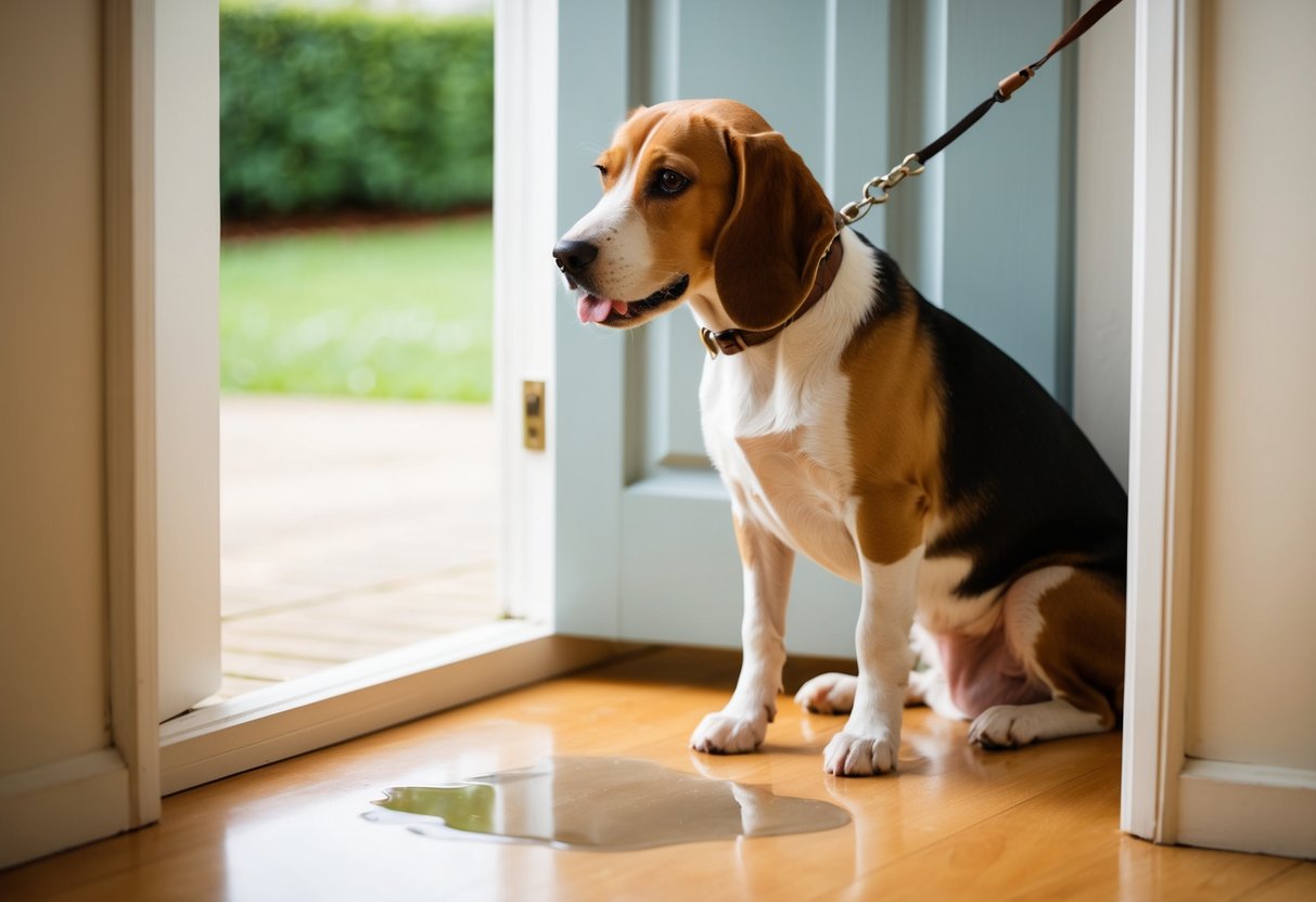 A beagle sits by the open door, leash in mouth, waiting to go outside. A puddle of pee on the floor is ignored