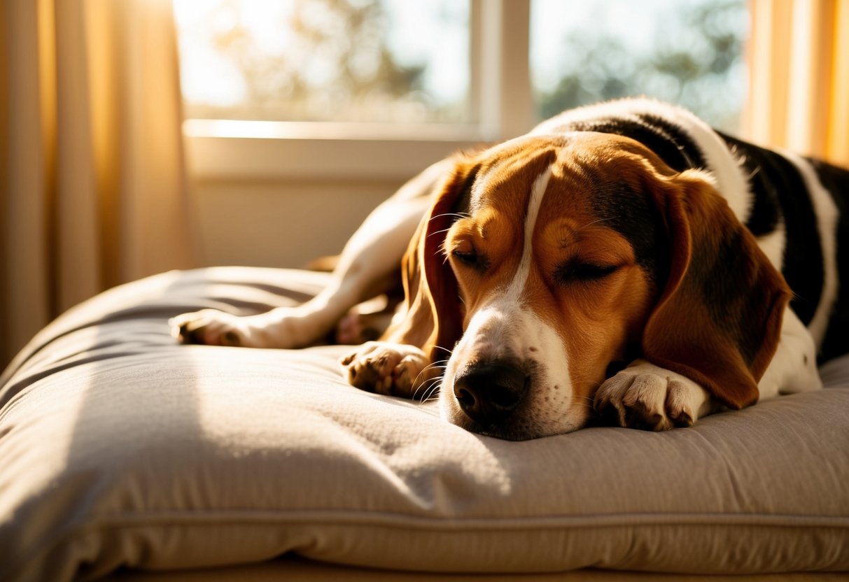 A beagle lounges on a cozy bed, bathed in warm sunlight streaming through a window. Its eyes are closed, and its body is relaxed, peacefully asleep