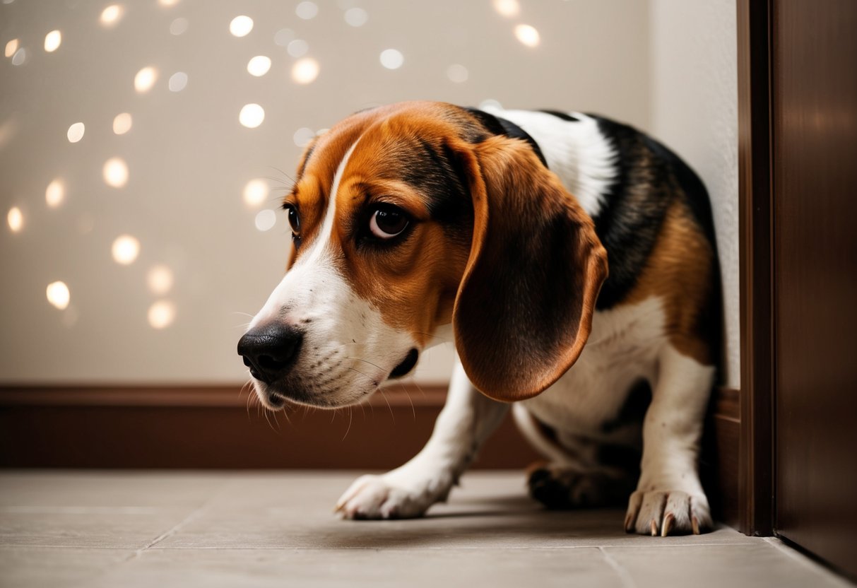 A beagle cowers in a corner, ears back and tail tucked, while trembling slightly. Its eyes are wide and darting, showing signs of stress
