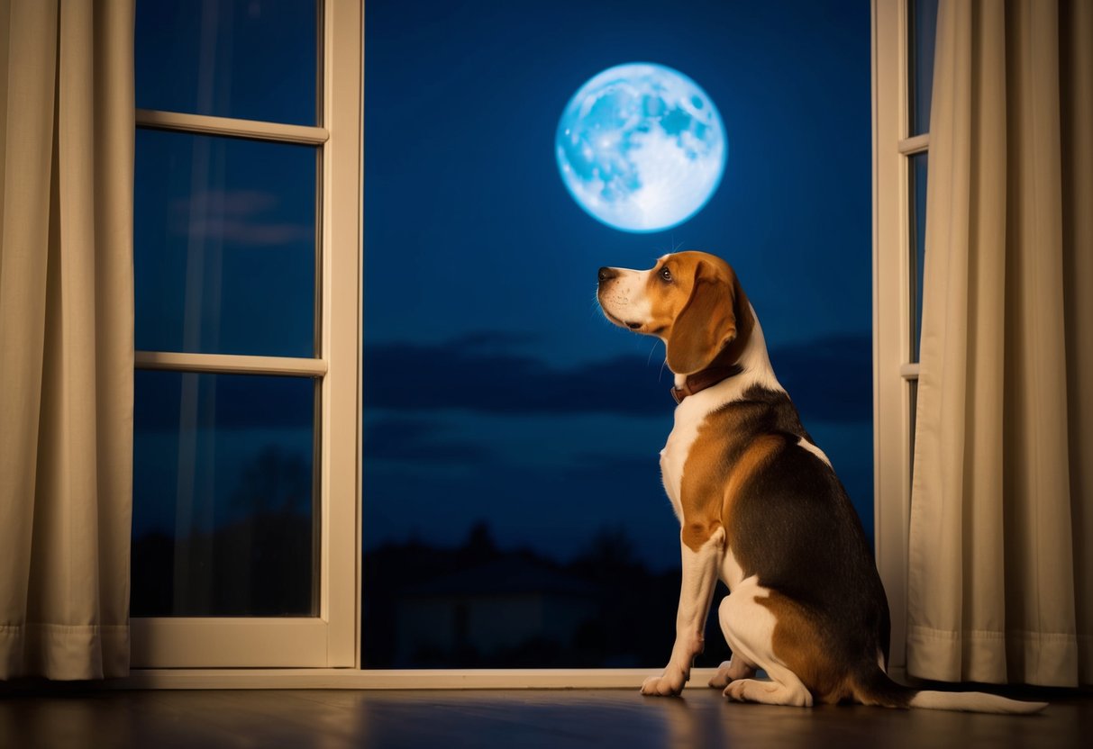 A beagle sits alone in a dimly lit room, gazing out the window at the moonlit night sky, letting out a mournful howl