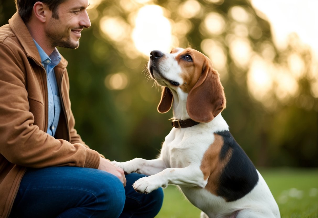 A beagle sits beside a person, wagging its tail and looking up at them with adoring eyes