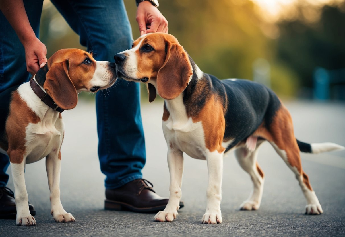 A beagle nuzzles one person's leg while another person tries to get its attention, showing attachment behavior