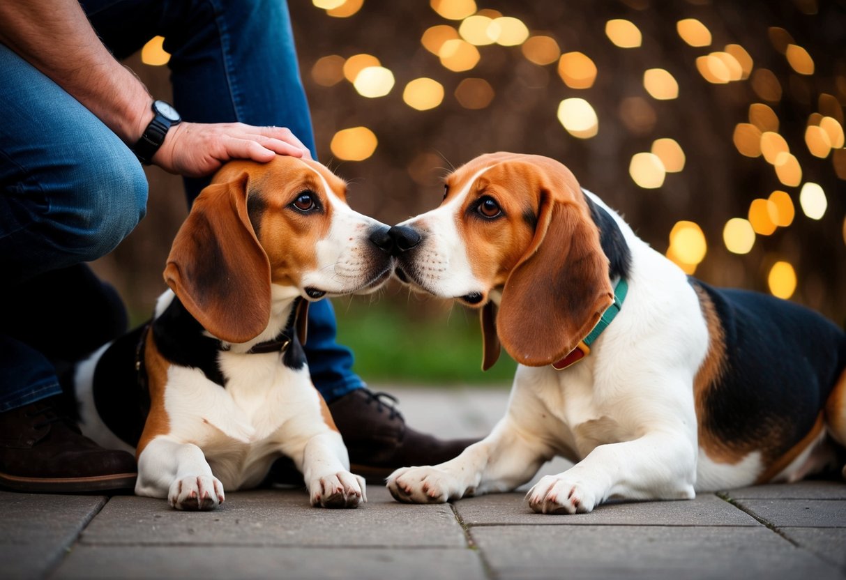 A beagle nuzzles a person's leg while another beagle lays at their feet, gazing up at them with adoring eyes
