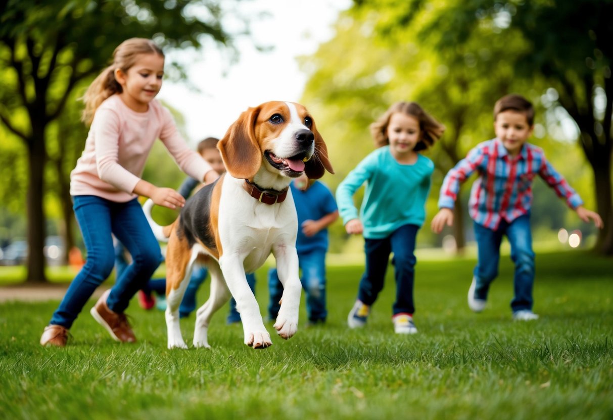 A beagle dog happily playing with a group of children in a park