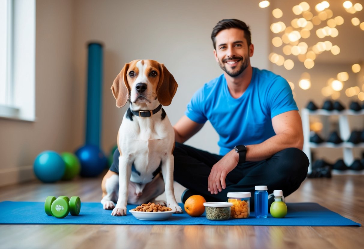 A beagle dog sits next to a smiling owner, surrounded by healthy food and exercise equipment