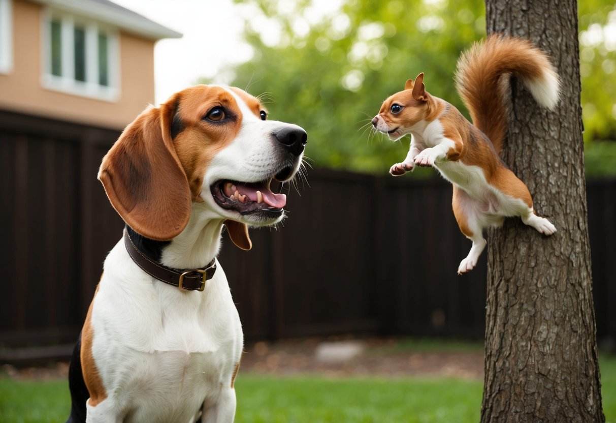 A beagle barks loudly in a backyard, ears perked and tail wagging. Nearby, a squirrel scurries up a tree, causing the beagle to howl in excitement