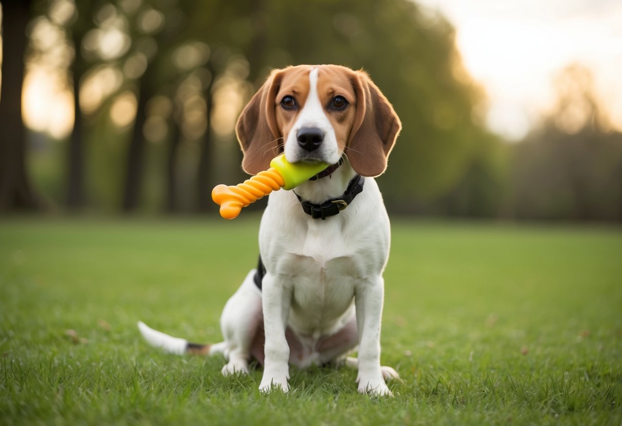 A beagle sits calmly with a chew toy, surrounded by a peaceful and quiet environment