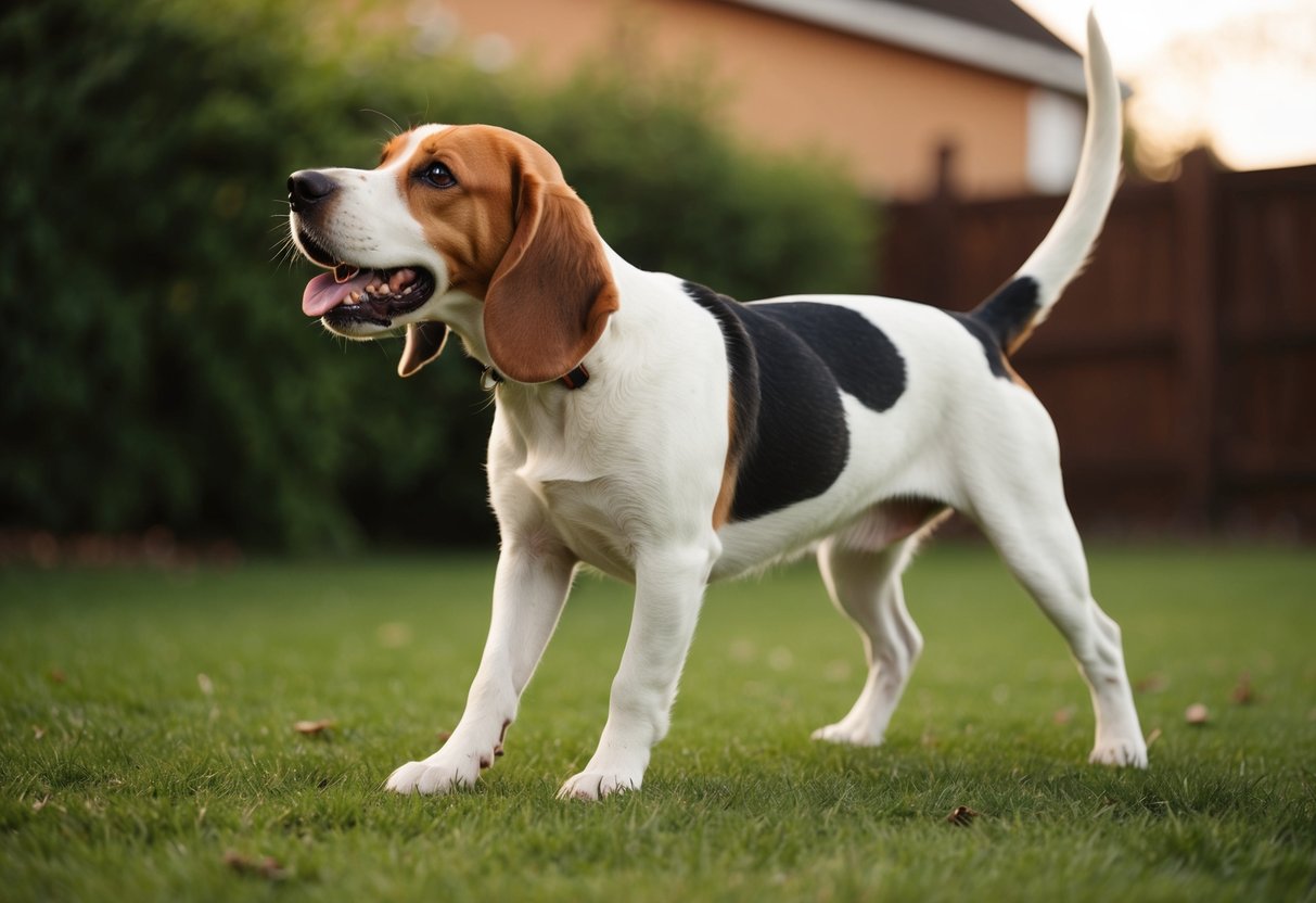 A beagle barking loudly in a backyard, ears perked and tail wagging, while sniffing the ground with its nose