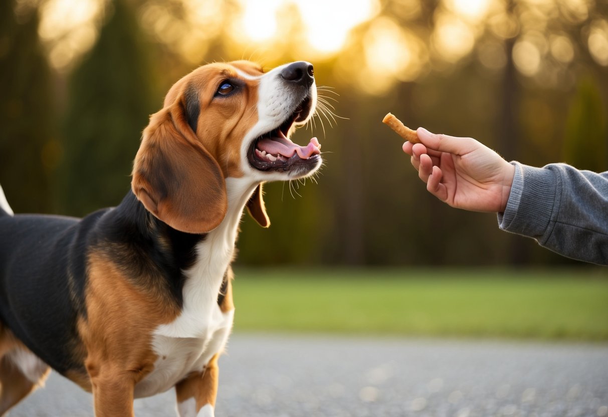 A beagle barking loudly, ears perked, tail raised. A person holding a treat, calmly redirecting the beagle's attention