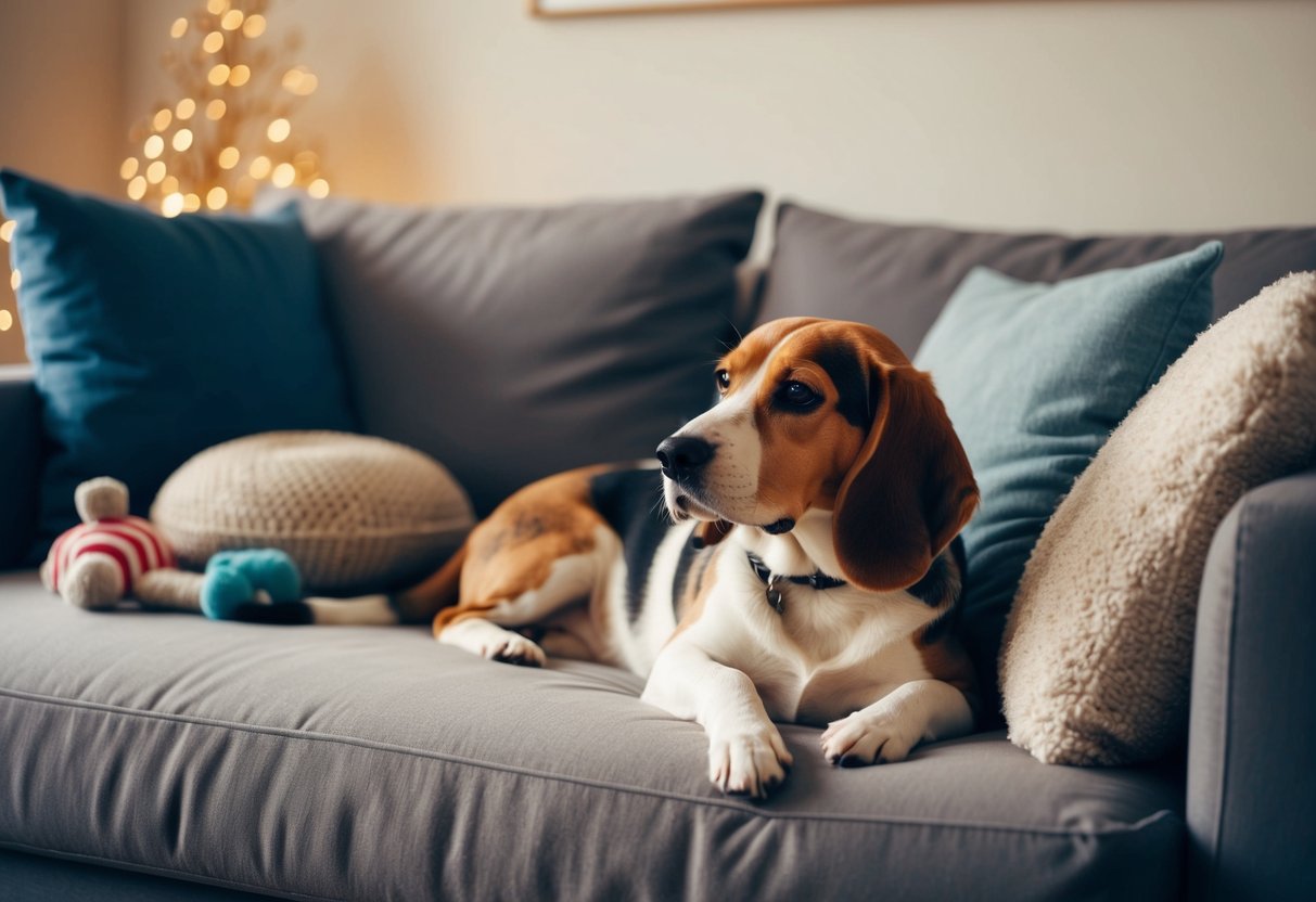 A cozy living room with a soft bed, toys, and calming music playing for a beagle to relax and feel supported