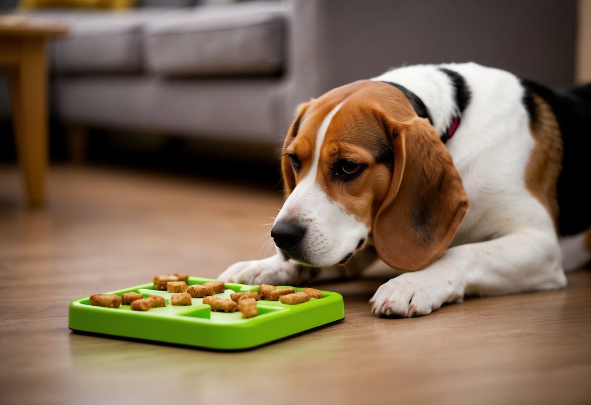 A beagle sits quietly by a treat-filled puzzle toy, focusing on finding the hidden treats instead of whining