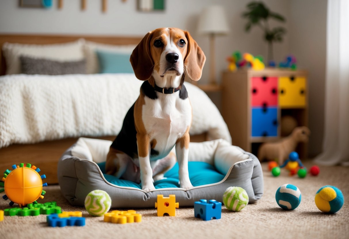 A beagle sits in a cozy, sunlit room with plenty of toys and a comfortable bed, surrounded by stimulating puzzles and interactive toys to keep them entertained and engaged
