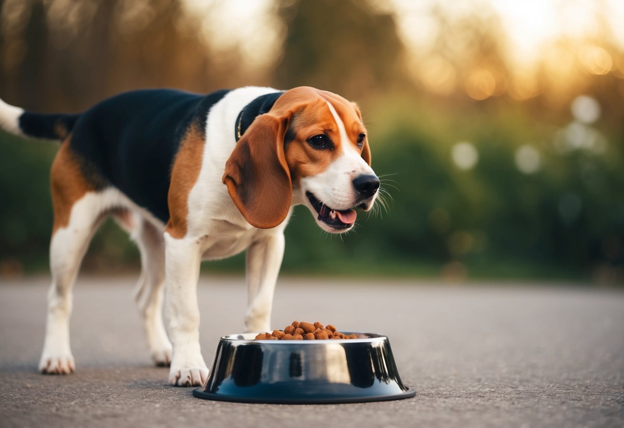 A beagle growls while standing near its food bowl