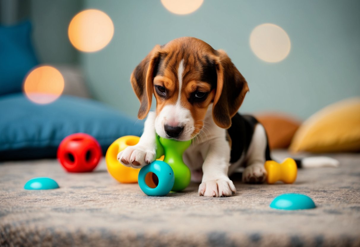 A beagle puppy playing with chew toys in a calm, enriched environment, surrounded by soothing colors and textures