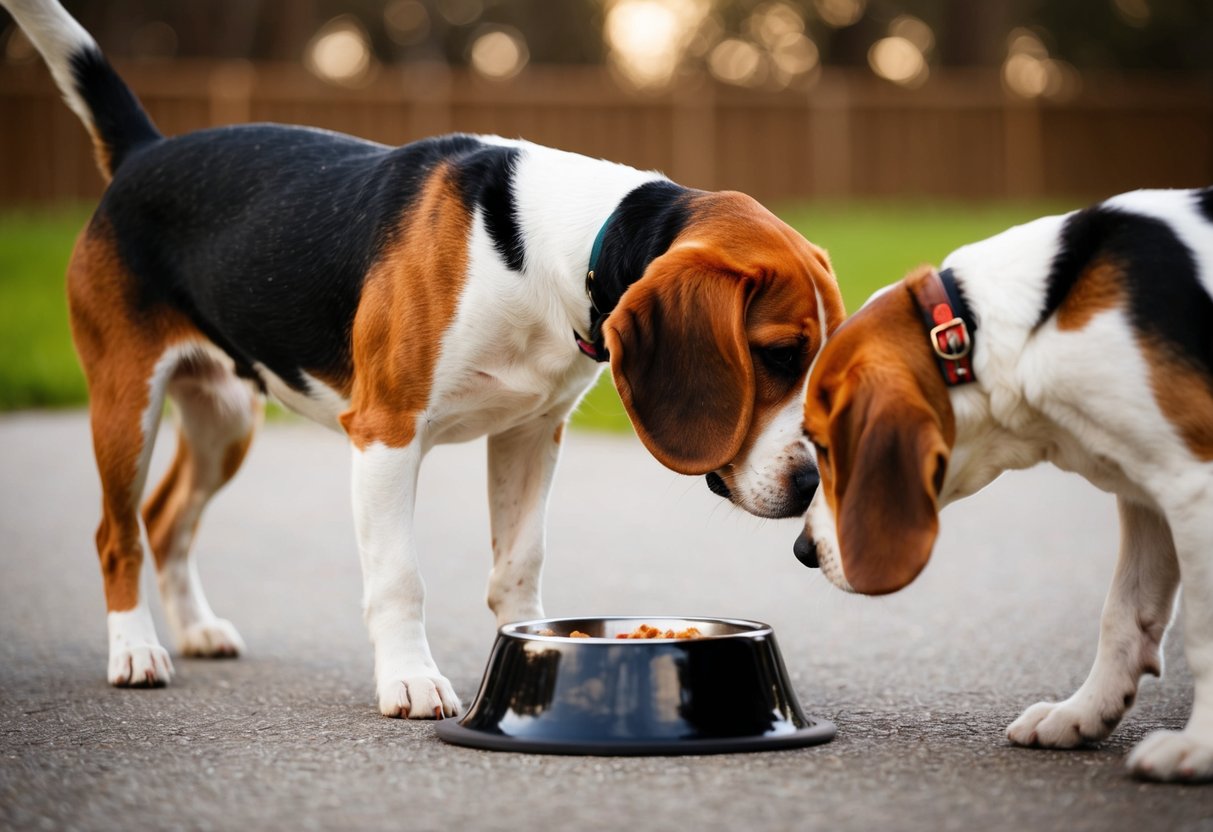A beagle growls while standing near its food bowl, with another dog approaching