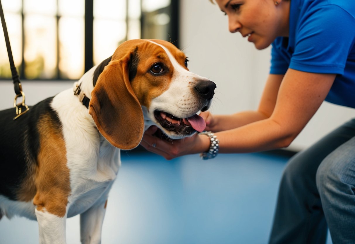 A beagle growls while being trained with various techniques, including positive reinforcement and redirection