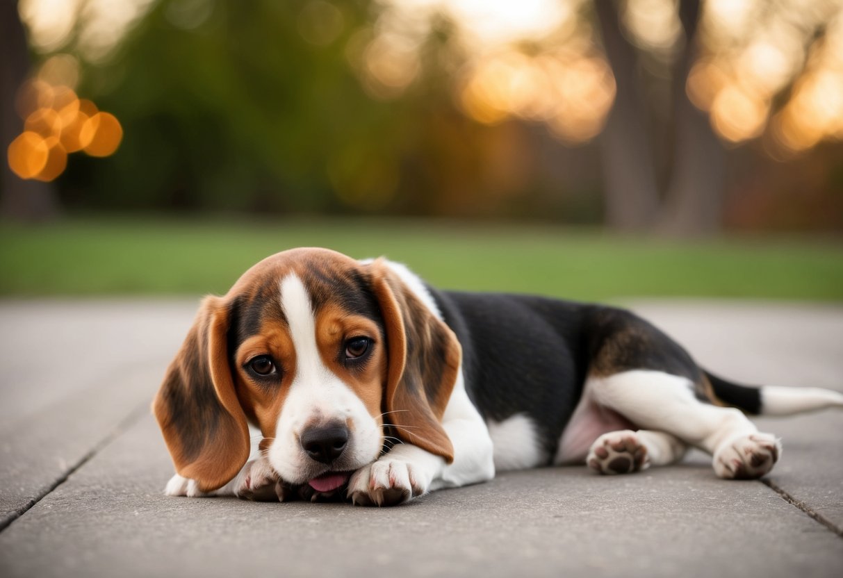 A beagle pup plays energetically, then gradually relaxes, finally laying down peacefully