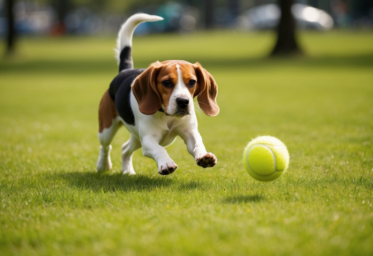 A beagle chasing after a tennis ball in a grassy park