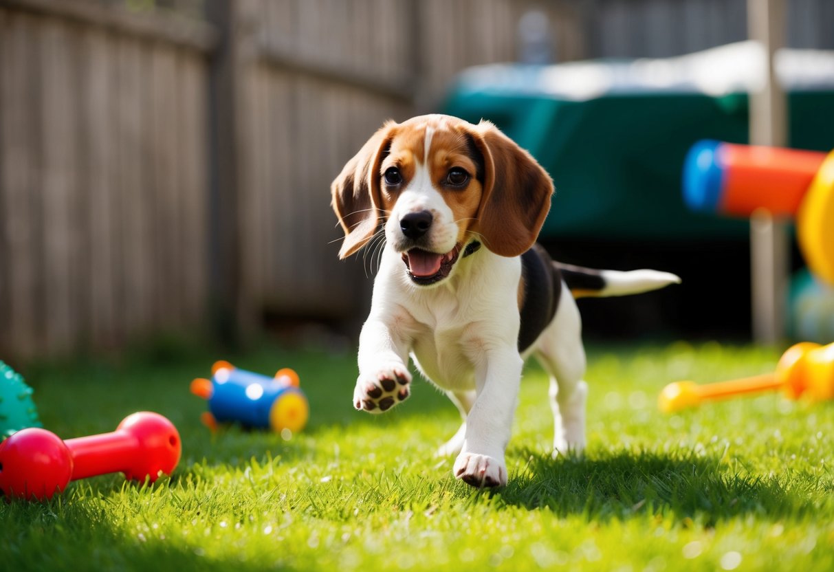 A beagle puppy playing energetically in a backyard, surrounded by toys and exploring its environment