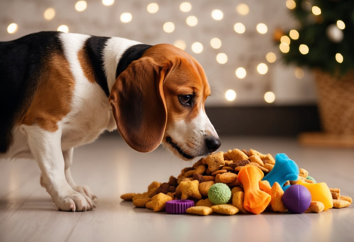A beagle eagerly sniffing a pile of treats and toys