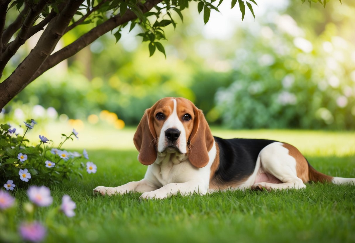 A serene garden with a beagle resting under a shady tree, surrounded by gentle flowers and a peaceful atmosphere