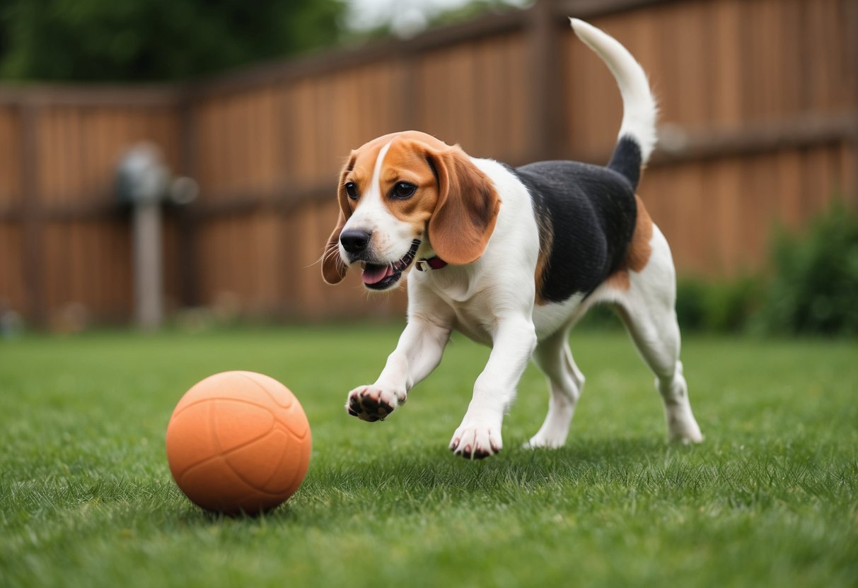 A 2-year-old beagle playfully chasing a ball in a backyard, with a mix of puppy-like energy and mature focus in its movements
