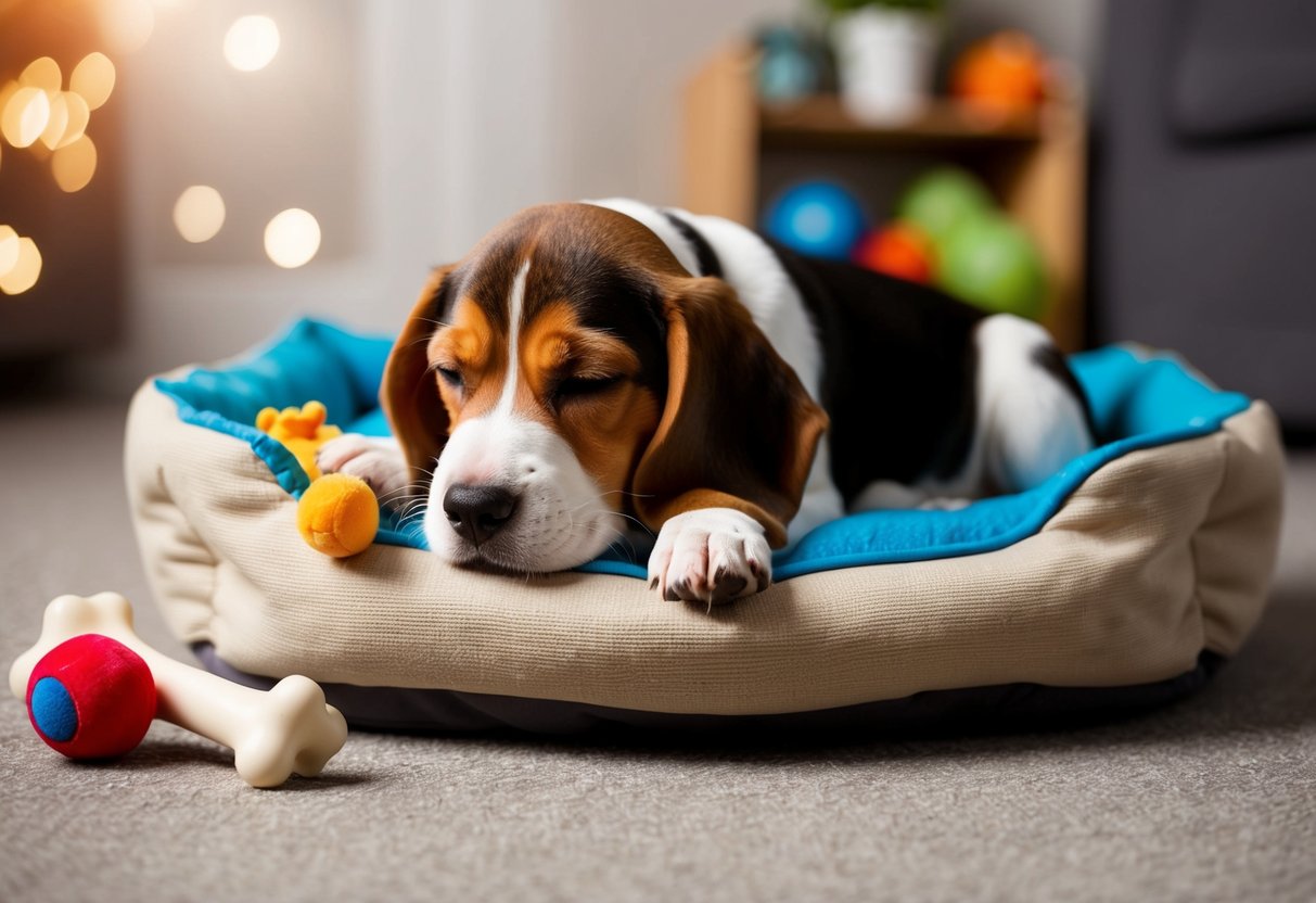 A beagle puppy peacefully napping in a cozy dog bed, surrounded by calming toys and a chew bone