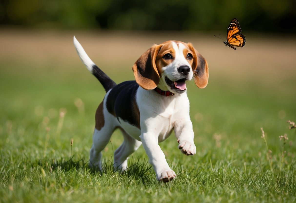 A 2-year-old beagle pup eagerly bounds through a grassy field, chasing after a fluttering butterfly with uncontainable energy